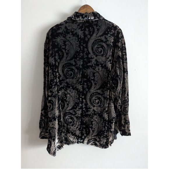 Vintage Velvet Metallic Silver Black Button down shirt women Sz XL Quiet luxury - Picture 2 of 8